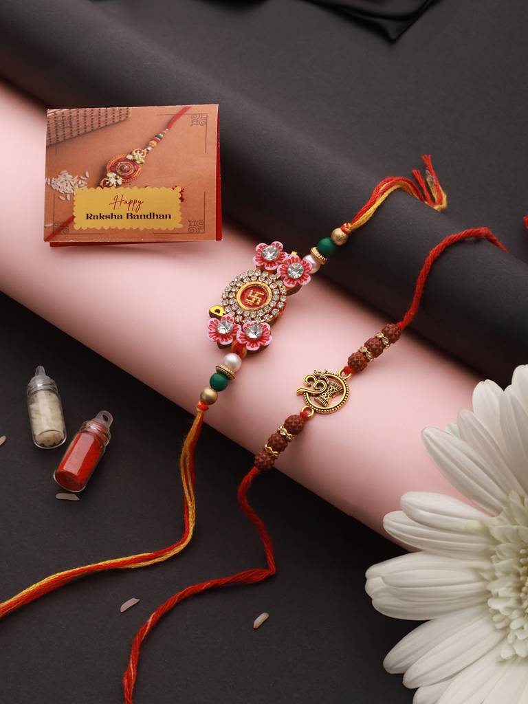 Set Of 2 Om & Swastik  Ethnic Rudraksh Handcrafted Thread  Rakhi With Roli Chawal : SJRK7079