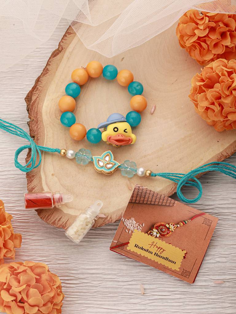 Set Of 2 Flower & Cute Duck  Bracelet Kids Rakhi For Boys & Girls With Roli Chawal : SJRK7081