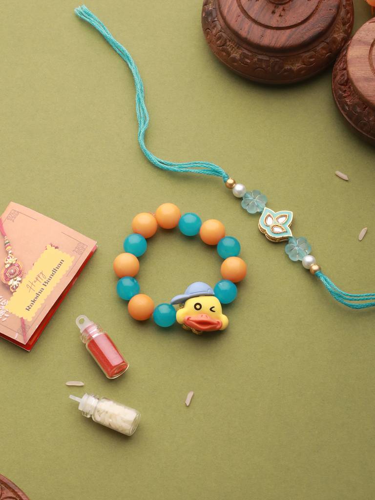 Set Of 2 Flower & Cute Duck  Bracelet Kids Rakhi For Boys & Girls With Roli Chawal : SJRK7081