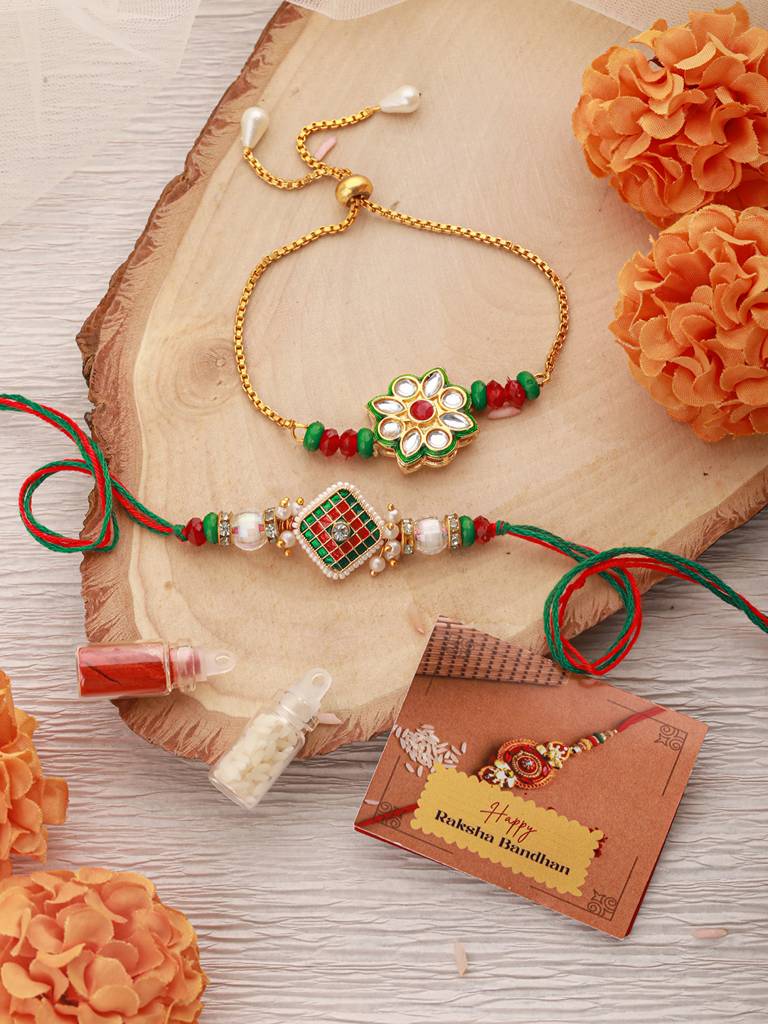Set Of 2 Floral Green Kundan & Meenakari  Couple Bracelet Rakhi Set For Bhaiya & Bhabhi With Roli Tilak : SJRK7082