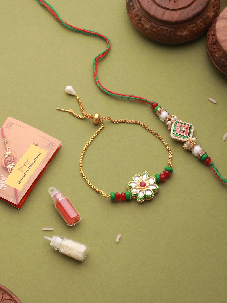 Set Of 2 Floral Green Kundan & Meenakari  Couple Bracelet Rakhi Set For Bhaiya & Bhabhi With Roli Tilak : SJRK7082
