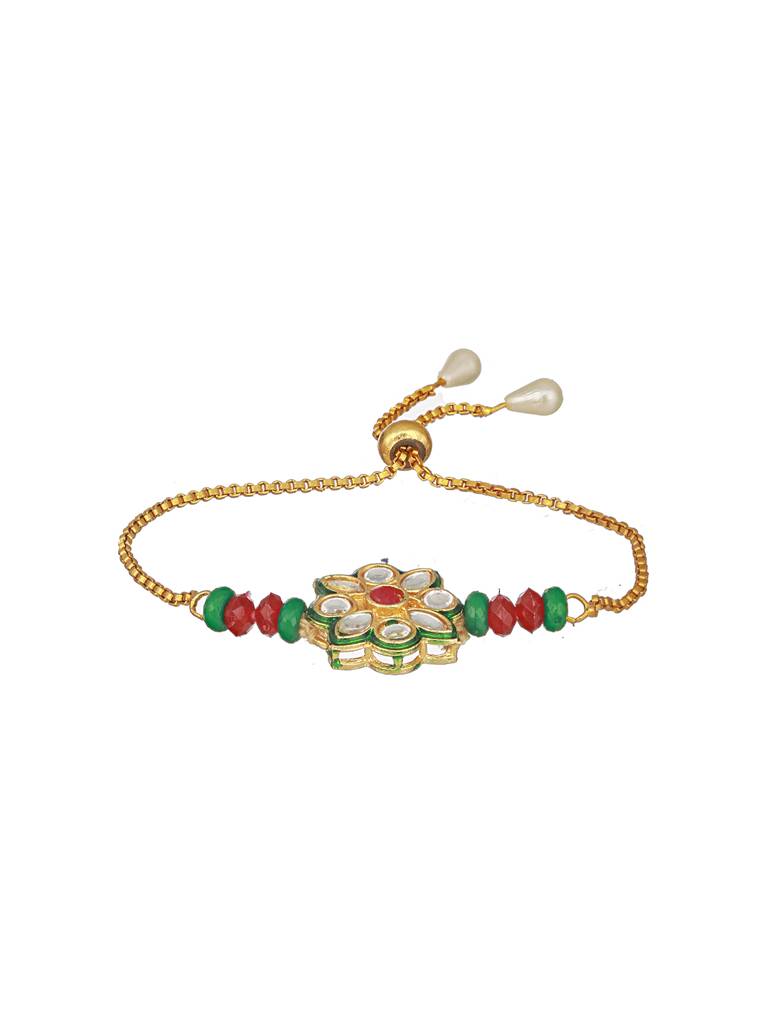 Set Of 2 Floral Green Kundan & Meenakari  Couple Bracelet Rakhi Set For Bhaiya & Bhabhi With Roli Tilak : SJRK7082