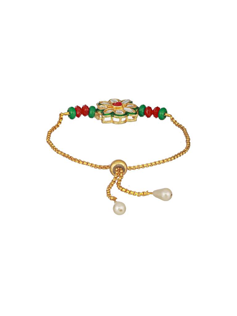 Set Of 2 Floral Green Kundan & Meenakari  Couple Bracelet Rakhi Set For Bhaiya & Bhabhi With Roli Tilak : SJRK7082