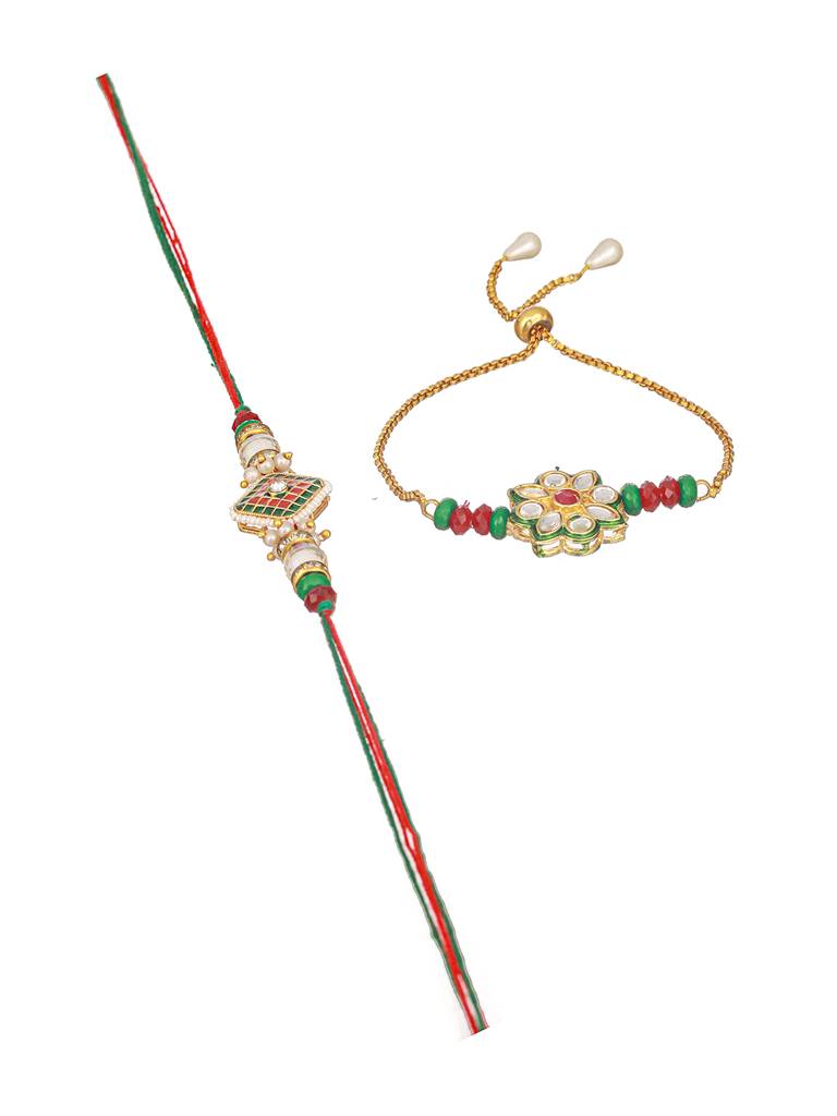 Set Of 2 Floral Green Kundan & Meenakari  Couple Bracelet Rakhi Set For Bhaiya & Bhabhi With Roli Tilak : SJRK7082