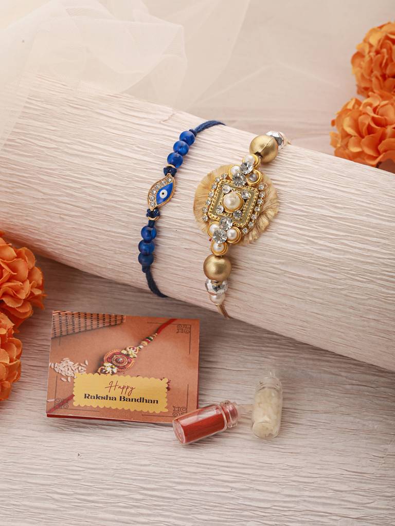 Set Of 2 Evil Eye & Stone Studded Traditional Handcrafted Thread  Rakhi With Roli Chawal : SJRK7086