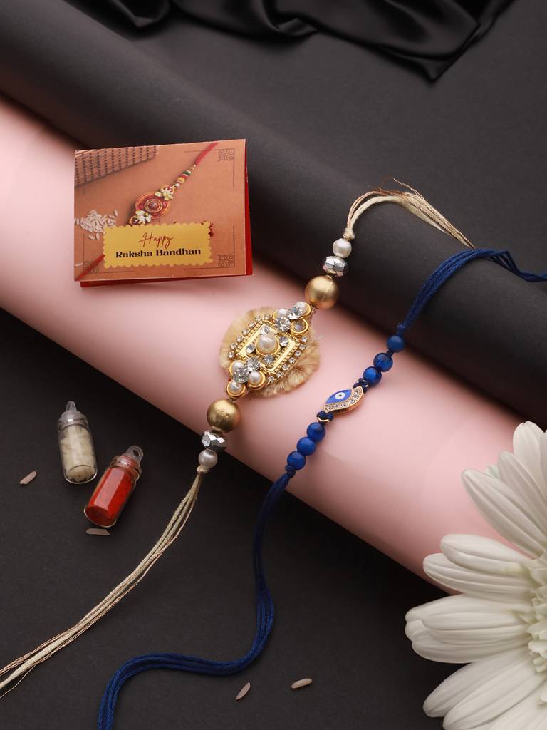 Set Of 2 Evil Eye & Stone Studded Traditional Handcrafted Thread  Rakhi With Roli Chawal : SJRK7086