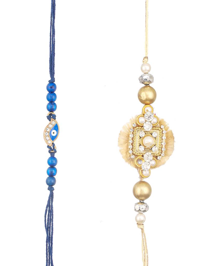 Set Of 2 Evil Eye & Stone Studded Traditional Handcrafted Thread  Rakhi With Roli Chawal : SJRK7086