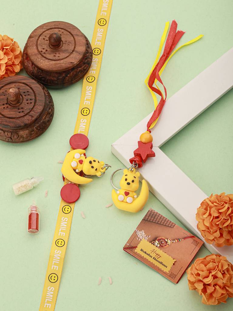 Set Of 2 Winnie The Pooh Key Chain Kids Toy Rakhi With Roli Chawal : SJRK7089