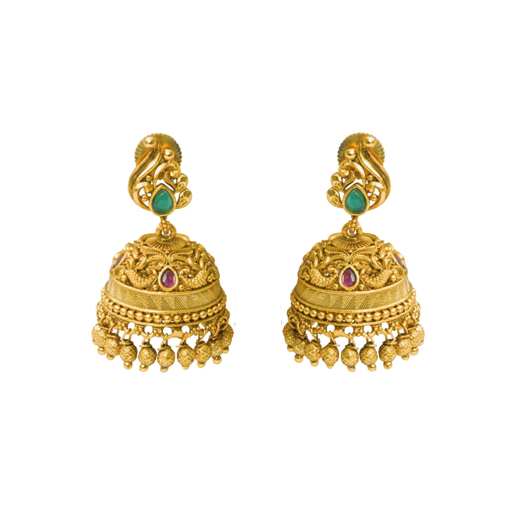 Elegant South Indian Antique Temple Jhumka Earrings With Ruby Stone Accents : R-1301
