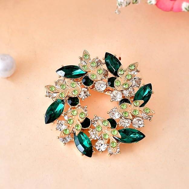 Mens Floral Design Green Crystal Brooch Or Collar Pin : ASK316BR1455