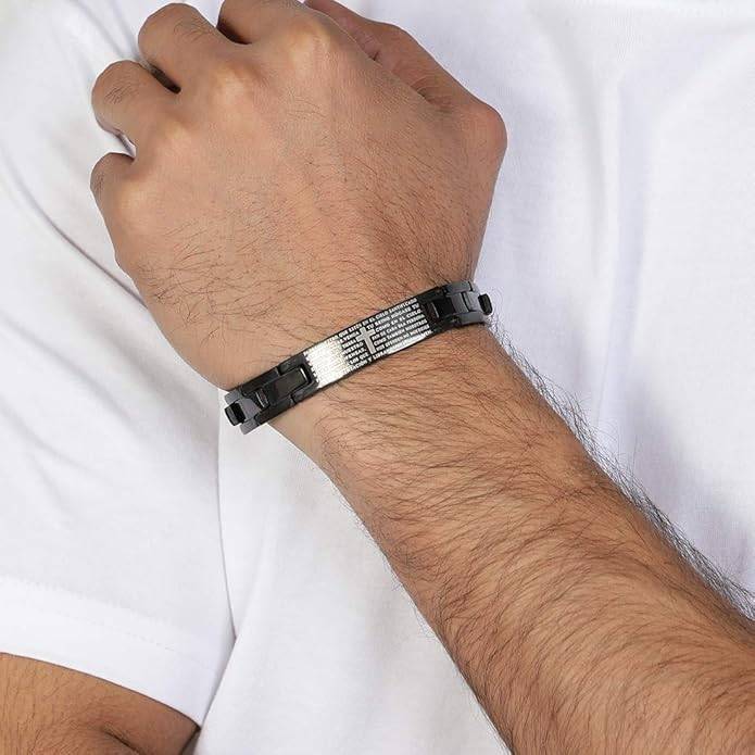 Mens Lords Prayer Black Steel Cross Bracelet : ASK0121B231