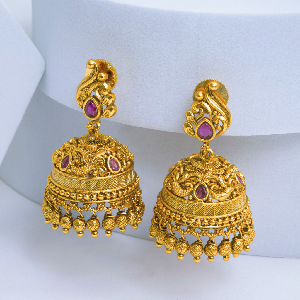 Elegant South Indian Antique Temple Jhumka Earrings With Ruby Stone Accents : R-1301