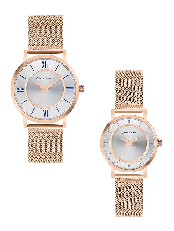 Analog Stylish Watch For Couple With Stylish Dial With Roman Indicess And Mesh Metal Strap : GD-1172-SETA-11