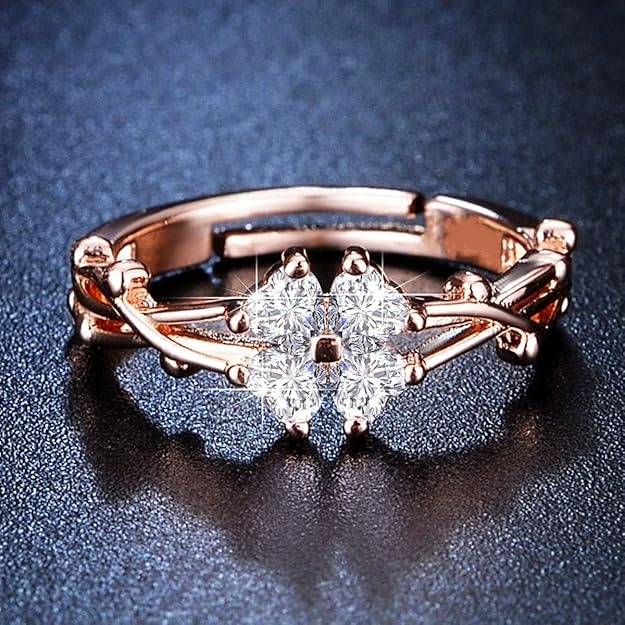 Rose Gold-Plated Floral Cz Ring – Adjustable Sparkling Ring For Women : AST-RIN-0078