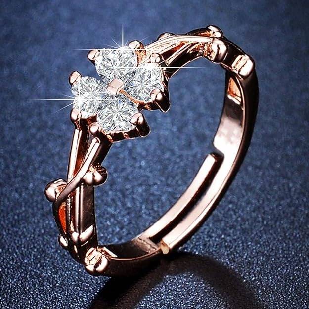 Rose Gold-Plated Floral Cz Ring – Adjustable Sparkling Ring For Women : AST-RIN-0078