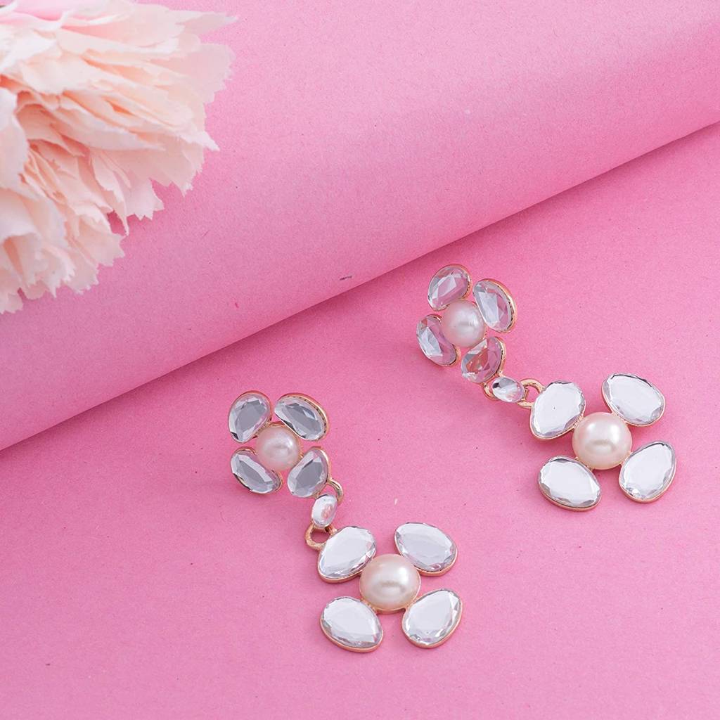 Estele Gold Plated Two Flower Kundan Drop Party Wear Earrings For Women : 727709-IGER