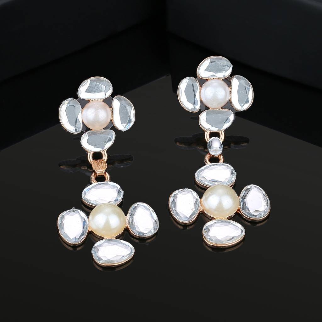 Estele Gold Plated Two Flower Kundan Drop Party Wear Earrings For Women : 727709-IGER
