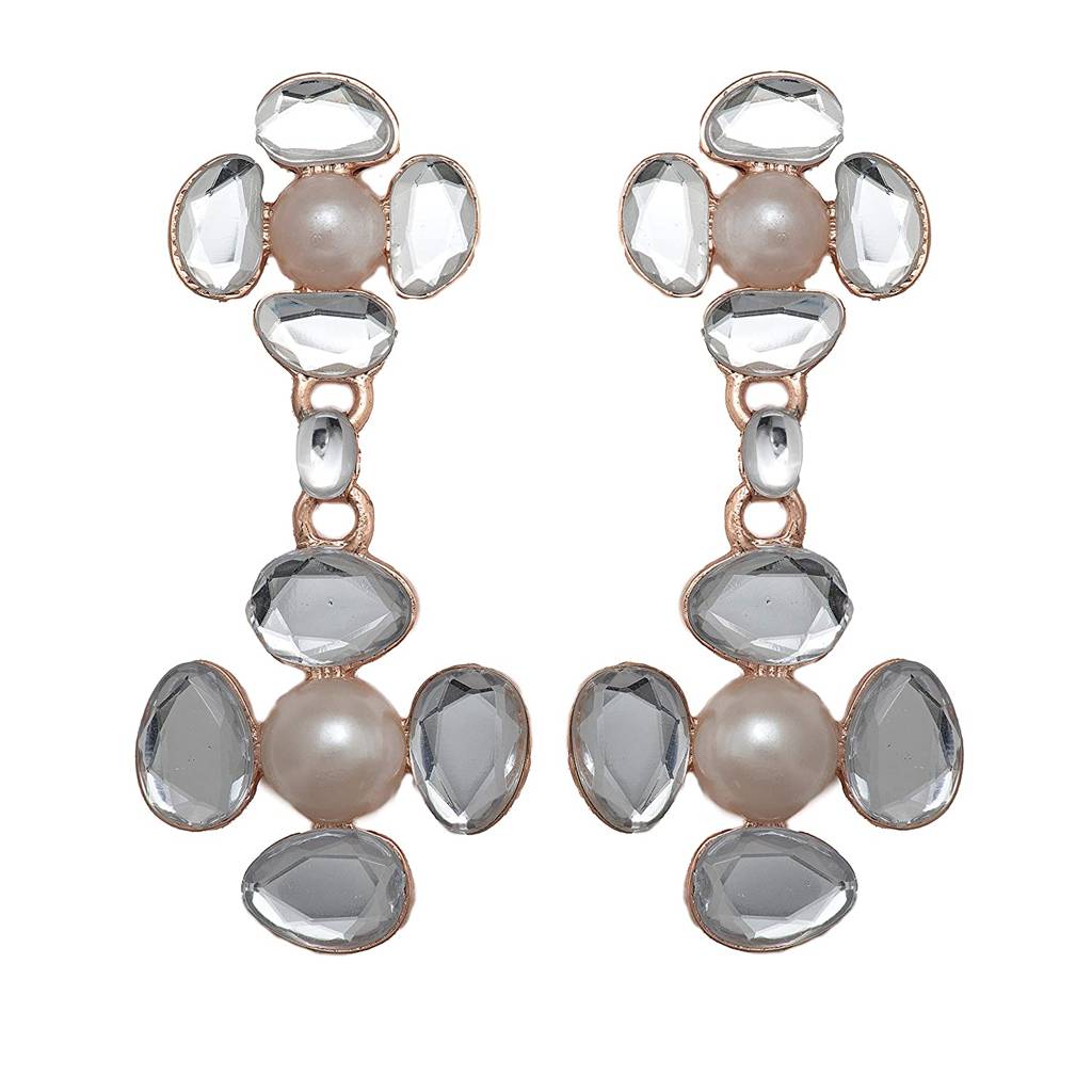 Estele Gold Plated Two Flower Kundan Drop Party Wear Earrings For Women : 727709-IGER