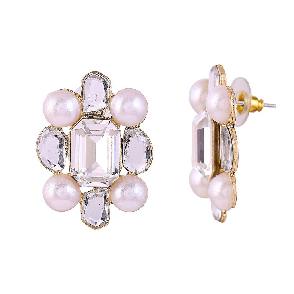 Estele Gold Plated Flower Shaped Stud Earrings With Kundan & Pearls For Women : 728707-IGER