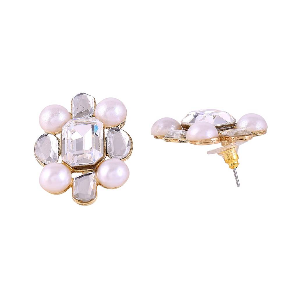 Estele Gold Plated Flower Shaped Stud Earrings With Kundan & Pearls For Women : 728707-IGER