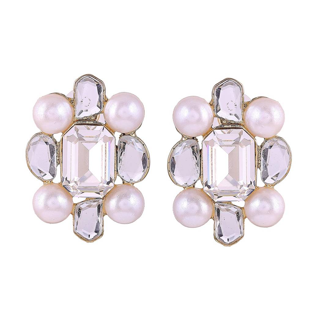 Estele Gold Plated Flower Shaped Stud Earrings With Kundan & Pearls For Women : 728707-IGER