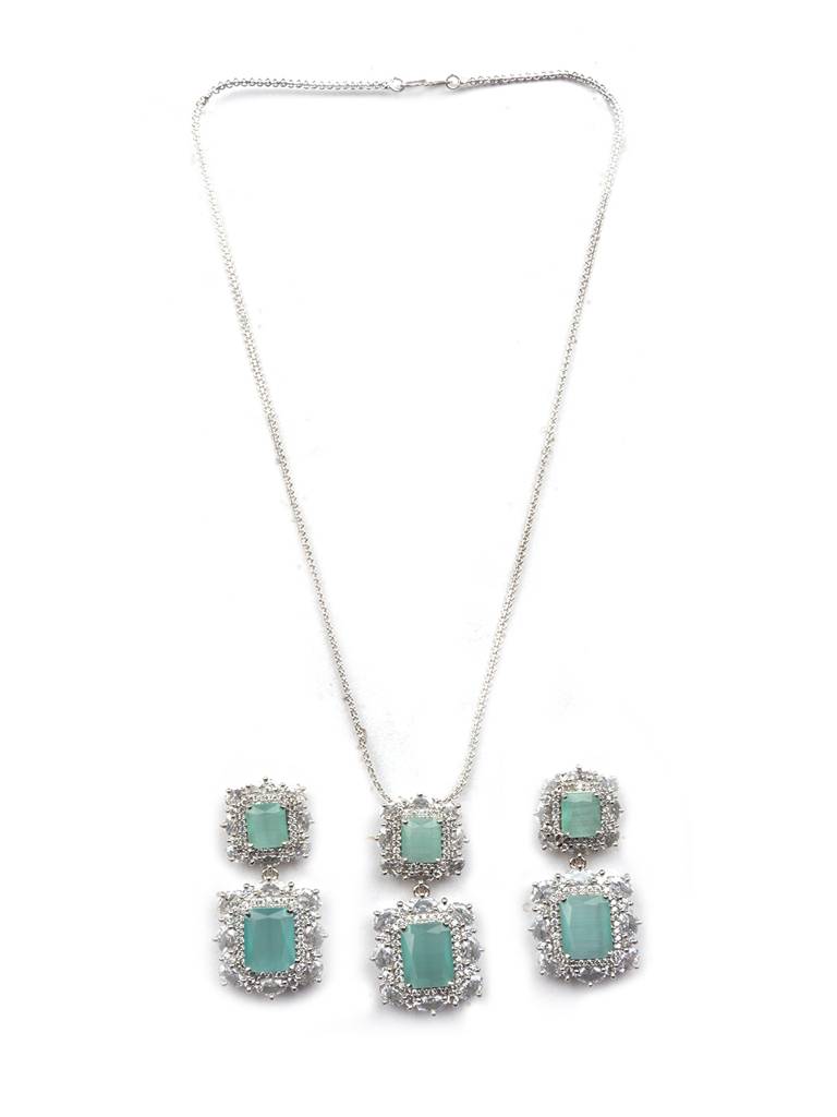 Silver Plated Square Cz Big Pendant Set With Earrings And Maangtika : Pendant03Mint