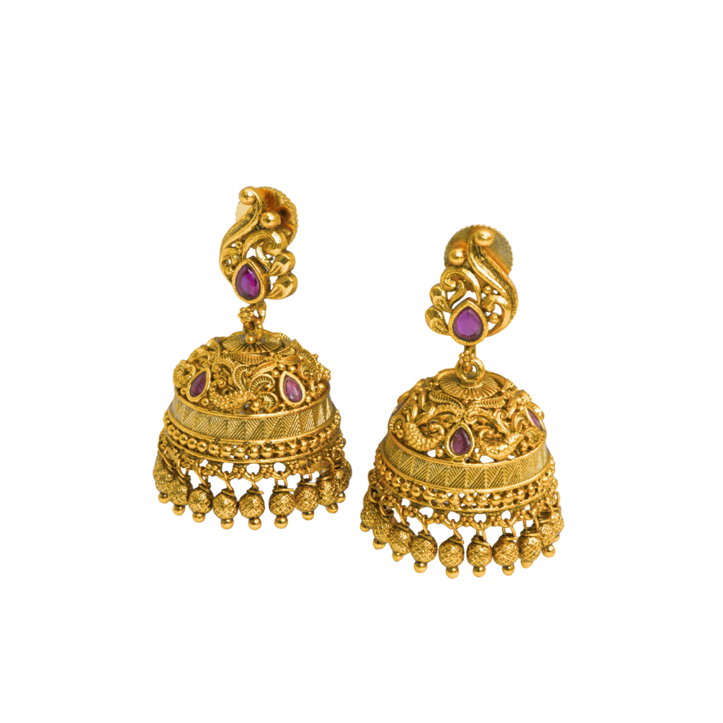 Elegant South Indian Antique Temple Jhumka Earrings With Ruby Stone Accents : R-1301