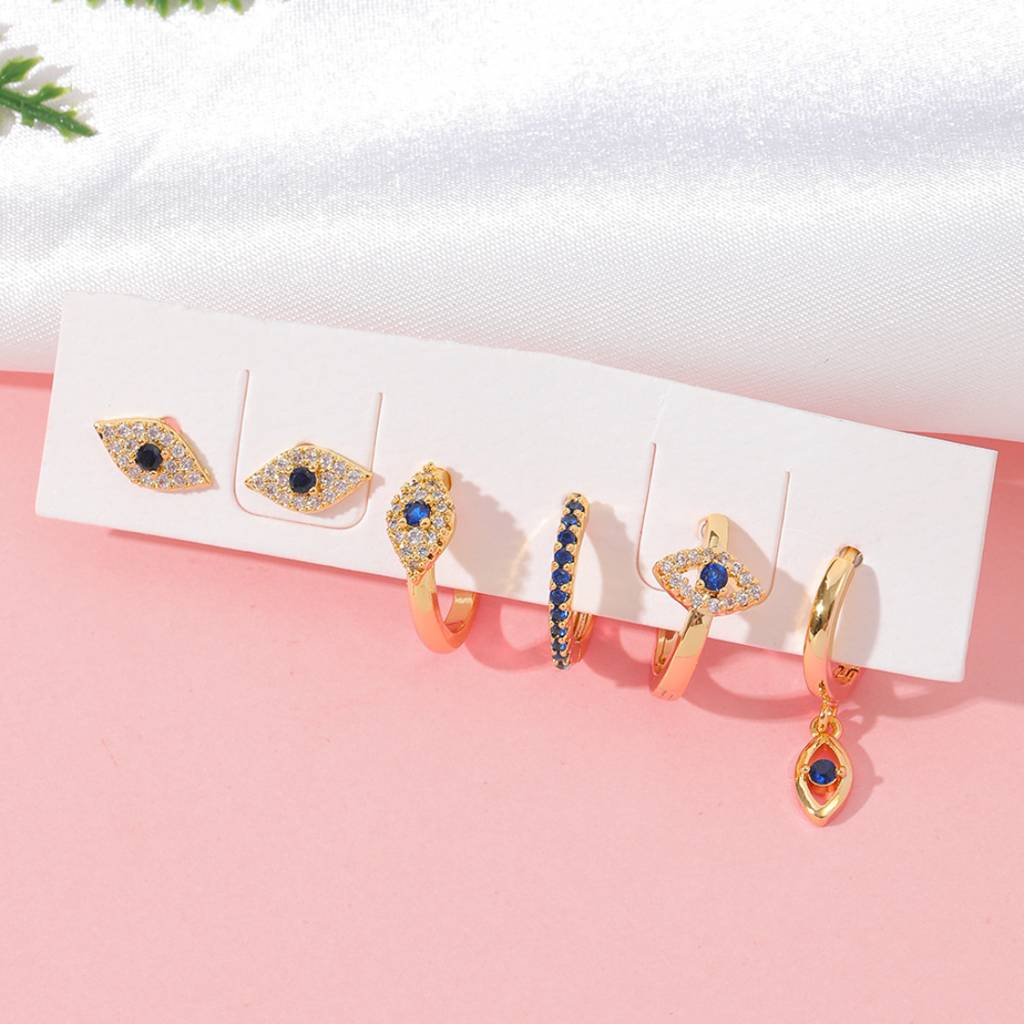 Set Of 6 18K Plated Antitarnish Evil Eye Zircon Earring Set For Single Ear Only : AWU0125E054BL