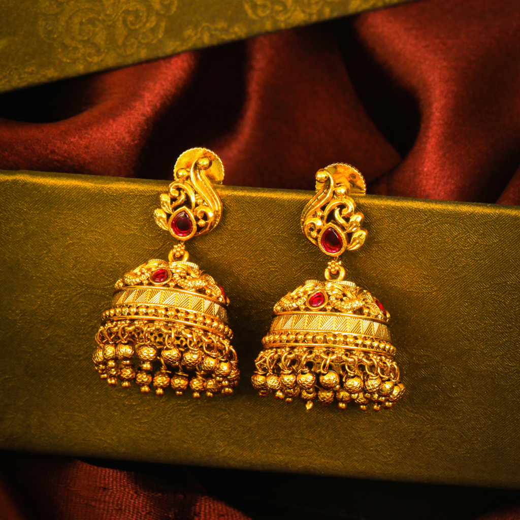 Elegant South Indian Antique Temple Jhumka Earrings With Ruby Stone Accents : R-1301
