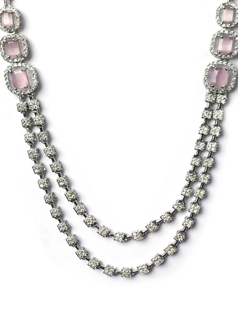Silver-Plated American Diamond Studded Layered Jewellery Set : AD140PINK