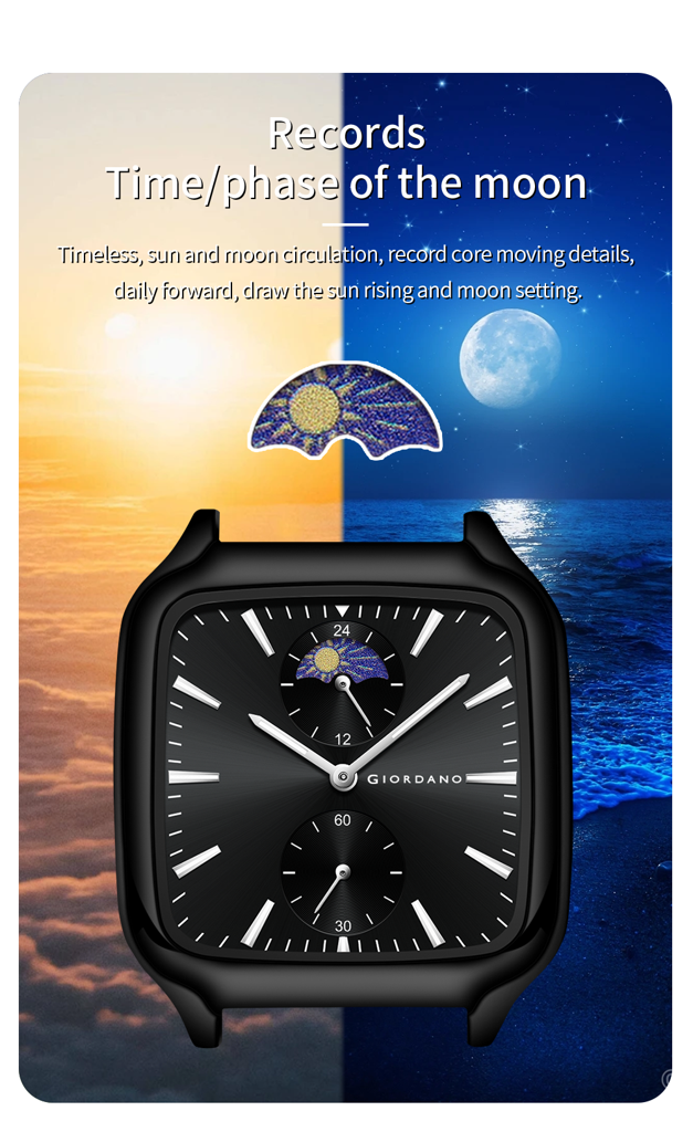 Giordano Premium Square Case Watch For Men | Moon Phase/24-Hour Indicator, Silicone Strap : GZ-50166-02