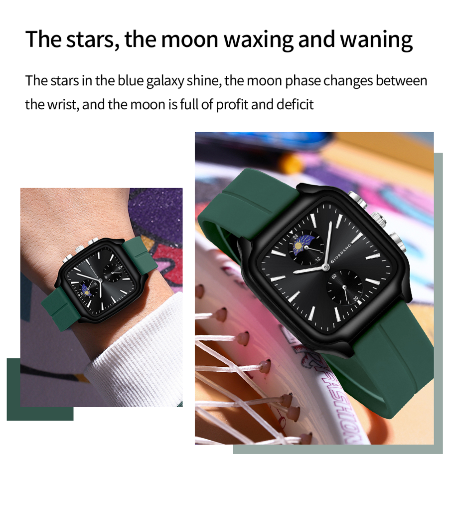 Giordano Premium Square Case Watch For Men | Moon Phase/24-Hour Indicator, Silicone Strap : GZ-50166-03