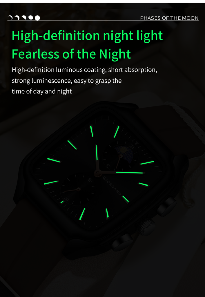 Giordano Premium Square Case Watch For Men | Moon Phase/24-Hour Indicator, Silicone Strap : GZ-50166-02