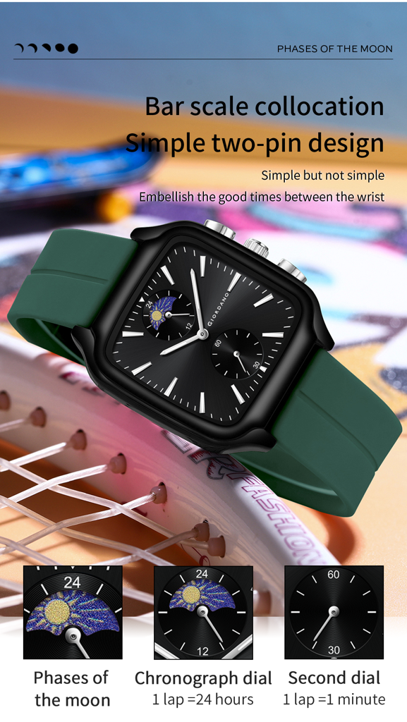 Giordano Premium Square Case Watch For Men | Moon Phase/24-Hour Indicator, Silicone Strap : GZ-50166-03