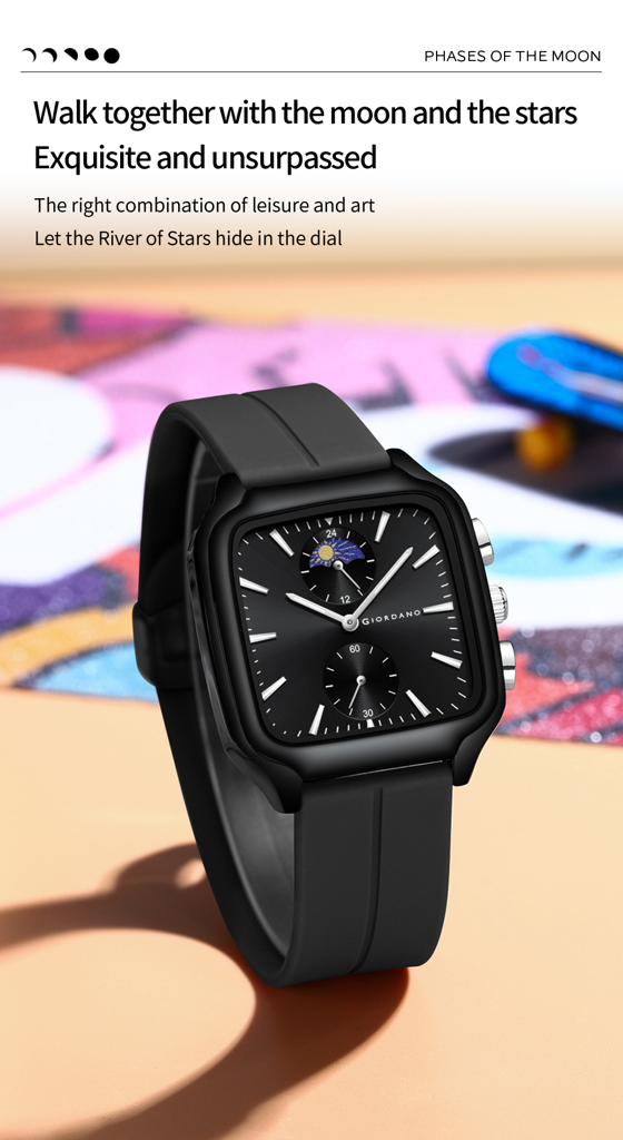 Giordano Premium Square Case Watch For Men | Moon Phase/24-Hour Indicator, Silicone Strap : GZ-50166-01