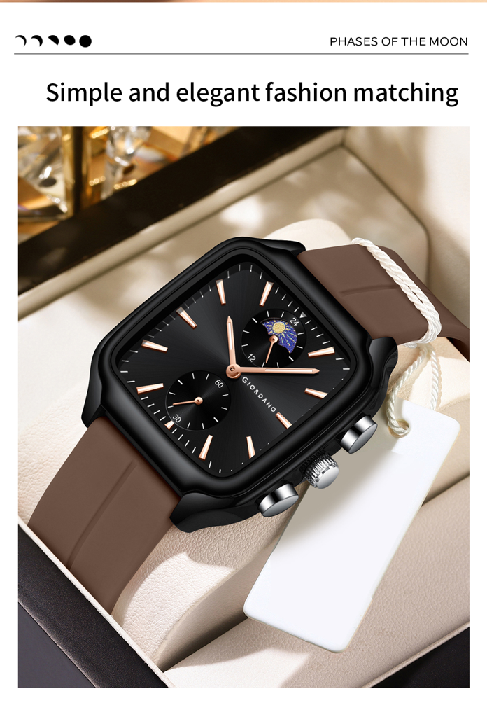 Giordano Premium Square Case Watch For Men | Moon Phase/24-Hour Indicator, Silicone Strap : GZ-50166-02