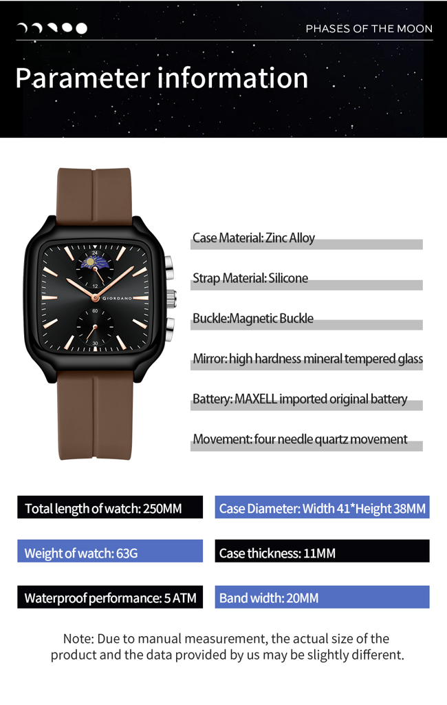 Giordano Premium Square Case Watch For Men | Moon Phase/24-Hour Indicator, Silicone Strap : GZ-50166-02