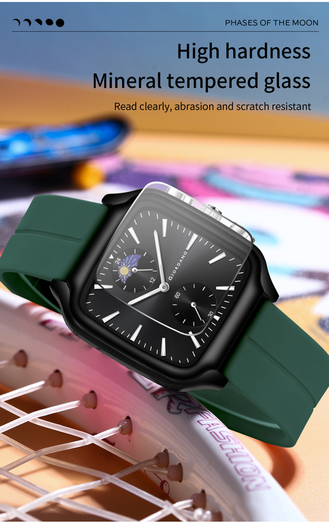 Giordano Premium Square Case Watch For Men | Moon Phase/24-Hour Indicator, Silicone Strap : GZ-50166-03