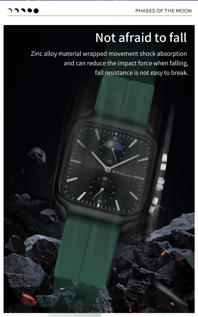 Giordano Premium Square Case Watch For Men | Moon Phase/24-Hour Indicator, Silicone Strap : GZ-50166-03