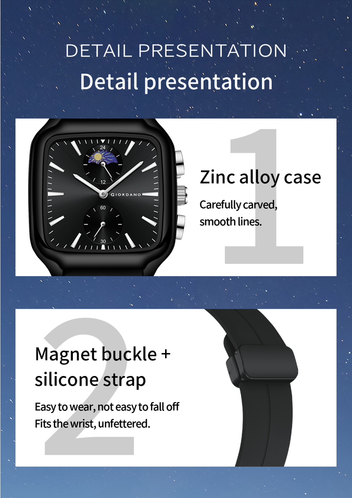 Giordano Premium Square Case Watch For Men | Moon Phase/24-Hour Indicator, Silicone Strap : GZ-50166-01