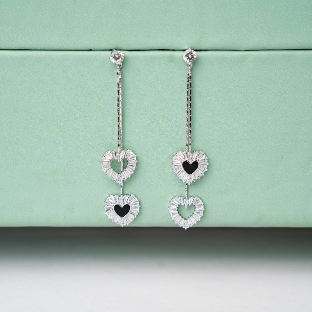 Love Birds: 925 Sterling Silver & Black Heart Dangle Earrings For Women : 75EA