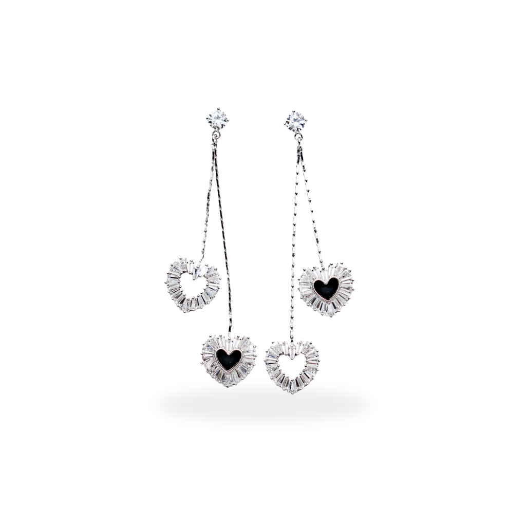 Love Birds: 925 Sterling Silver & Black Heart Dangle Earrings For Women : 75EA