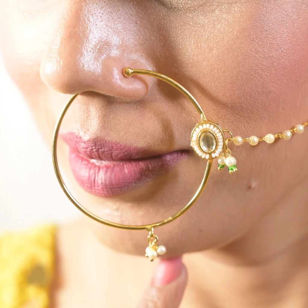Jodha Kundan Pearl Chain Nosering : NR0025
