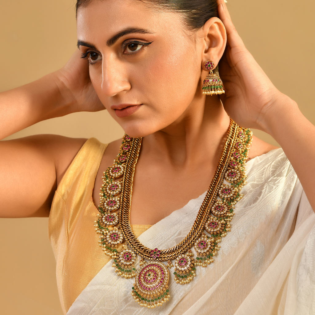 Ahalya Long Necklace Set – 1 Gram Gold Plated Floral Temple Jewellery : K-1699