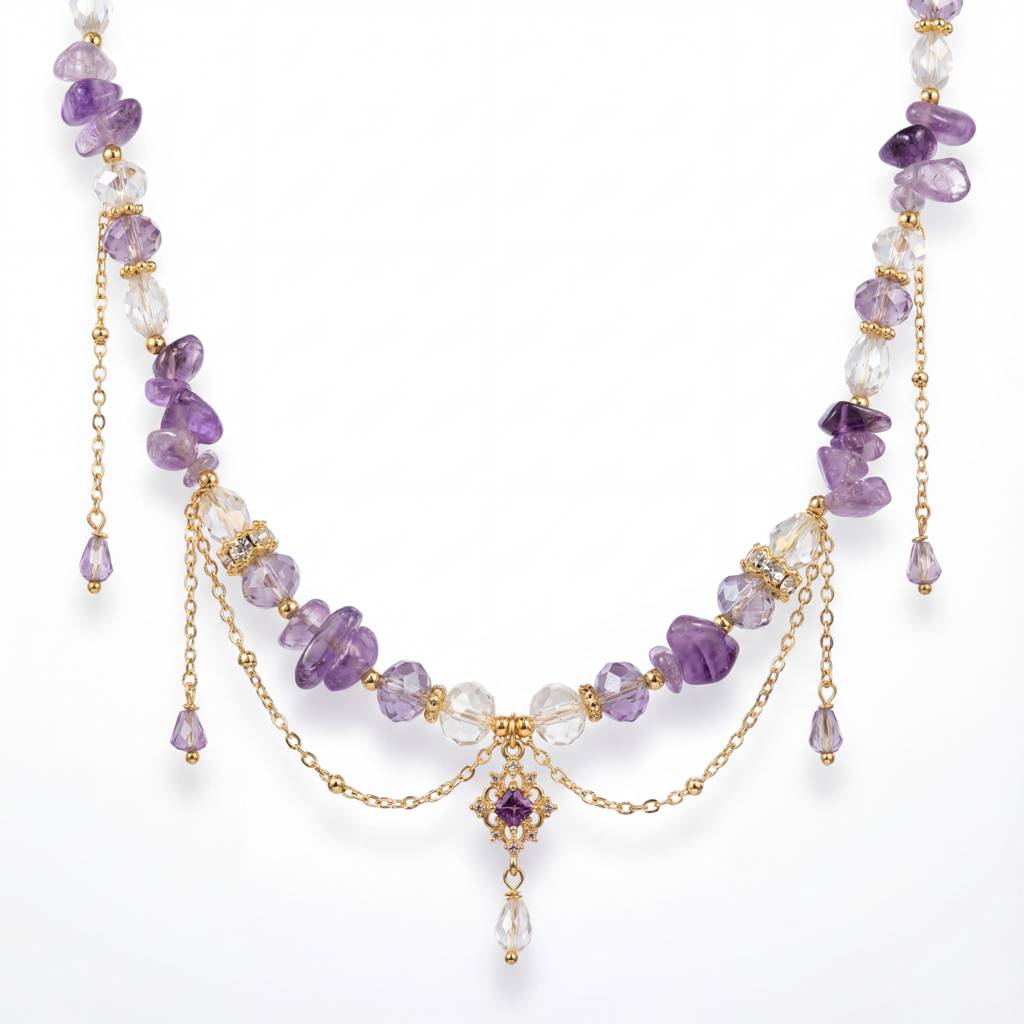 Korean Amethyst Mist & Crystal Gold Drop Necklace : YUFSNL255
