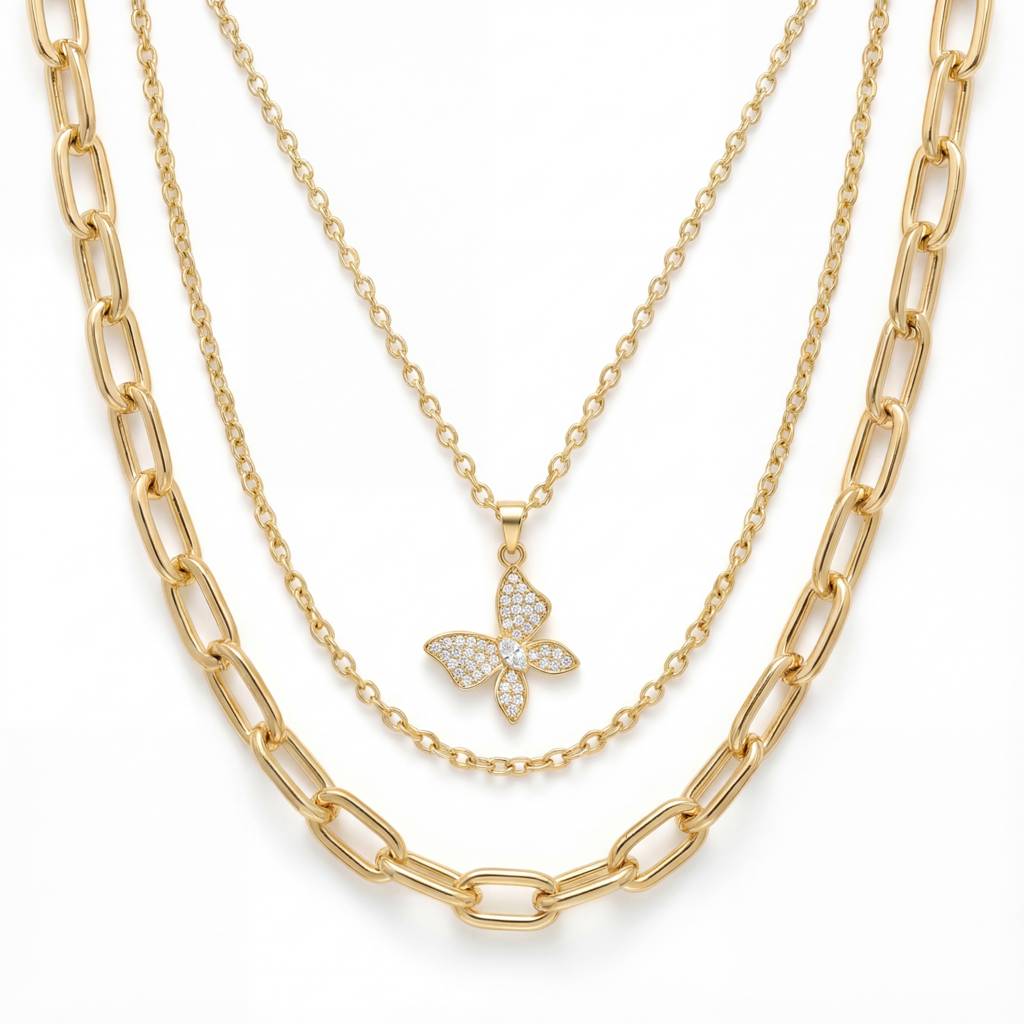 Korean Gold Monarch Triple-Layer Necklace Set : YUFSNL258