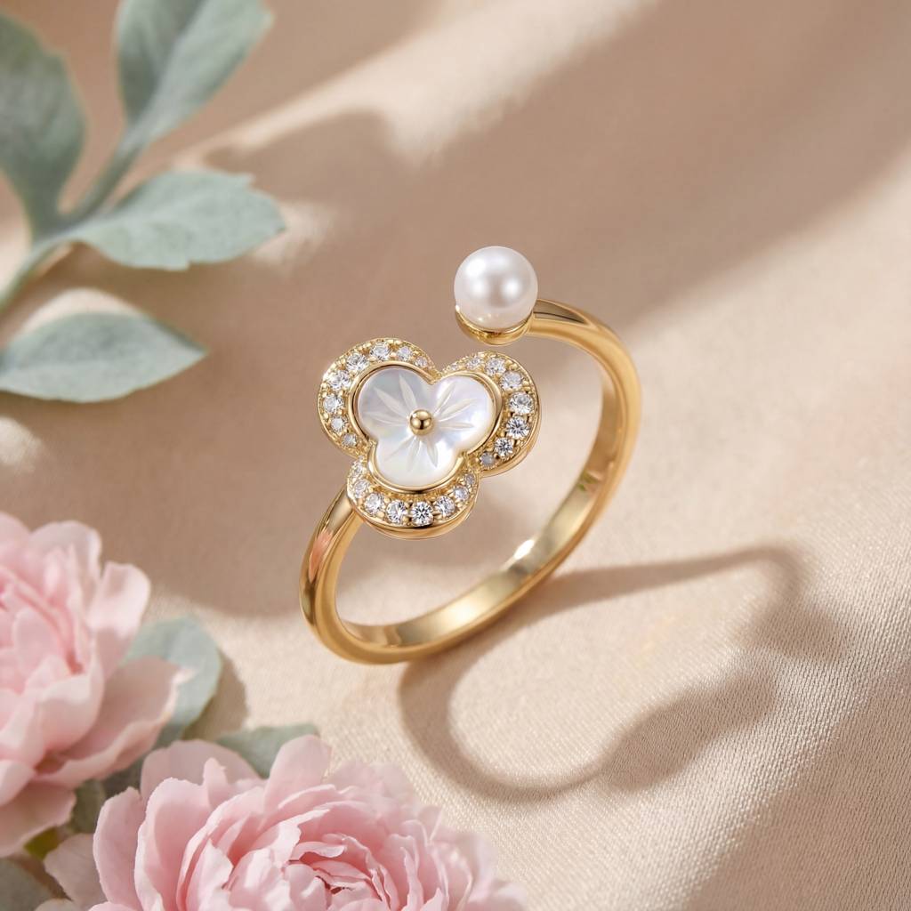 Korean Floral Pearl Open Bypass Ring : YUFSRG004-YG