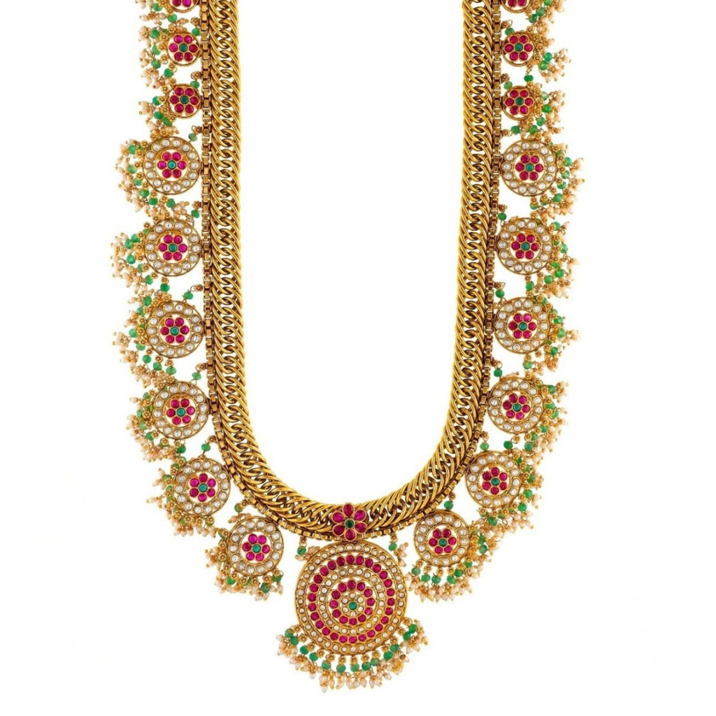 Ahalya Long Necklace Set – 1 Gram Gold Plated Floral Temple Jewellery : K-1699