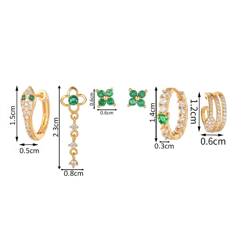 Set Of 6 18K Plated Anti-Tarnish Green Snake Earring Set For Single Ear Only : AWU0125E105GR