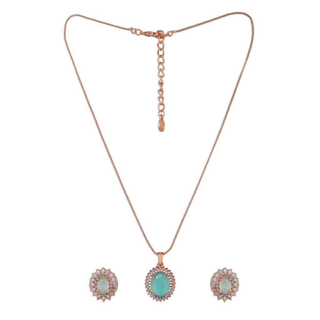Estele Rose Gold Plated Cz Beautiful Round Designer Pendant Set With Mint Green For Women